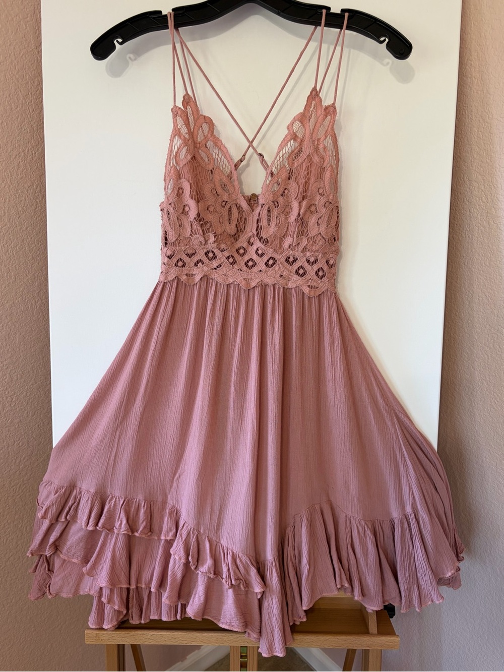 Free People FP ONE Adella Slip Dress Rose Pink Lace Ruffle Boho Mini Size Small